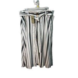 NWT Loft 6 Petite Black & white striped button soft skirt Tie Belt A-Line Lined